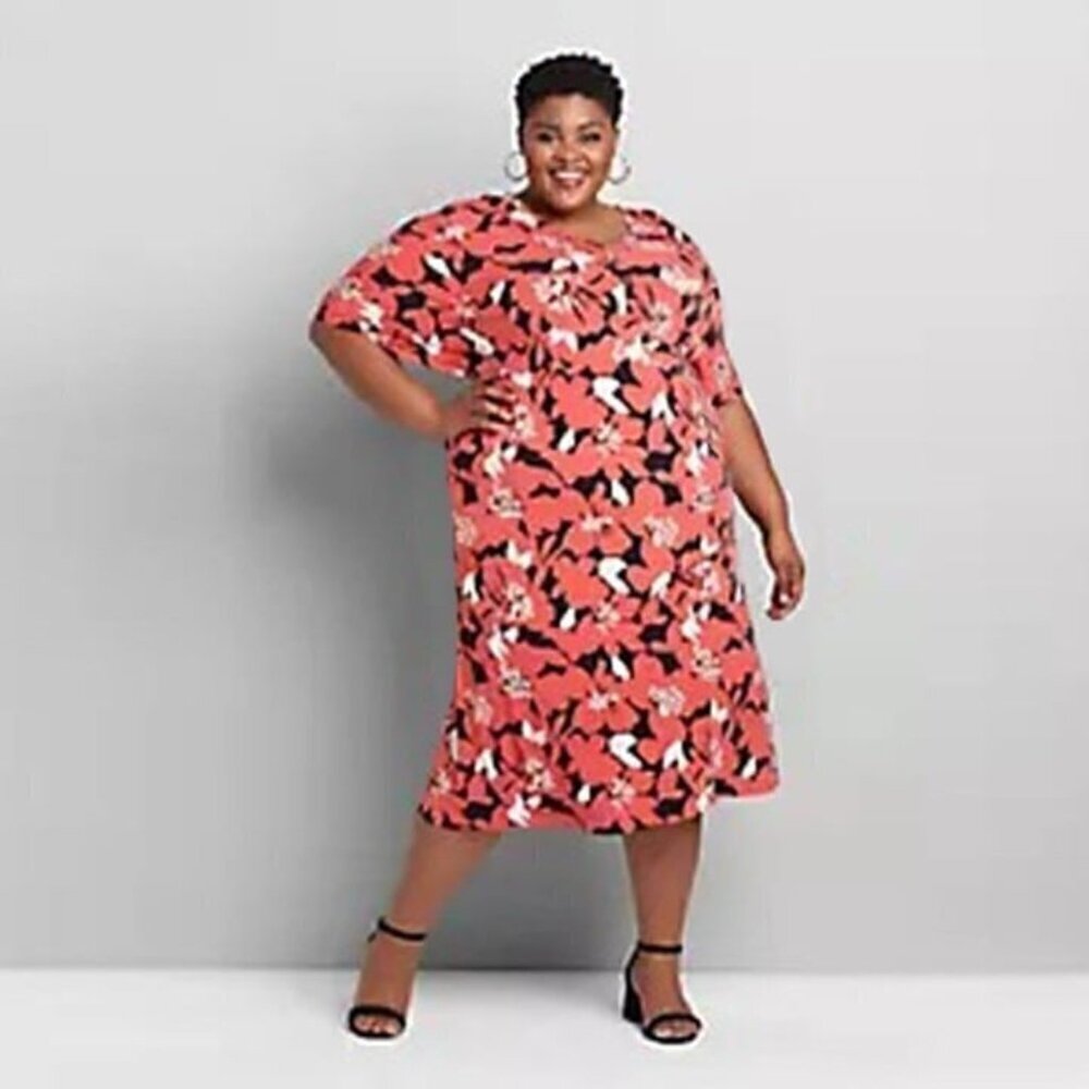Lane Bryant 14 / 16 Midi Dress Cape Sleeves V-Neck Orange Floral & Pockets NEW